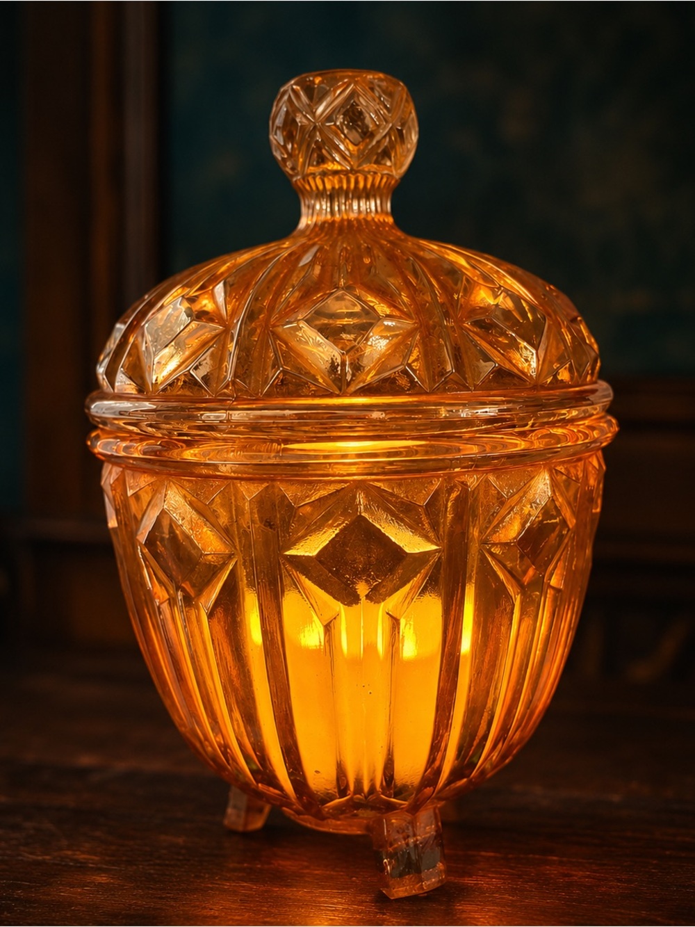 Vintage Orange Carnival Glass Lidded Sugar Bowl Fairy Lamp Décor